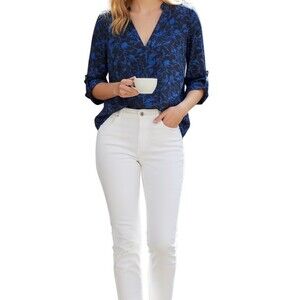 Best Society Blouse Womens Size M Navy Blue Floral V-Neck 3/4 Roll-Tab